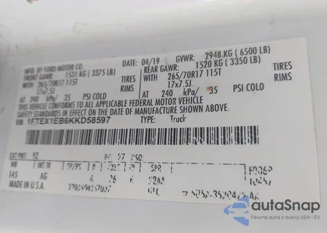 2019 Ford F-150 Xl z USA, uszkodzony, nr VIN 1FTEX1EB6KKD58597